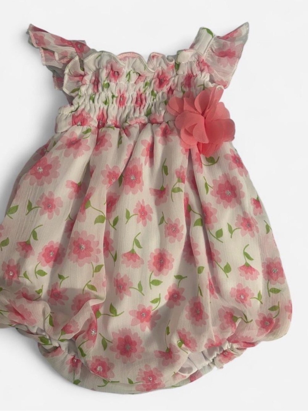 Darling Pink Floral Baby Romper with Flower Accent